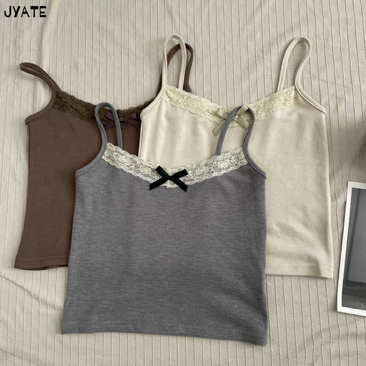 2024 Sweet Lace Trim Bow Tank Tops Women Summer New Casual Solid Slim Preppy Style Cropped Vests Vintage Basic Cute Camisole Y2K