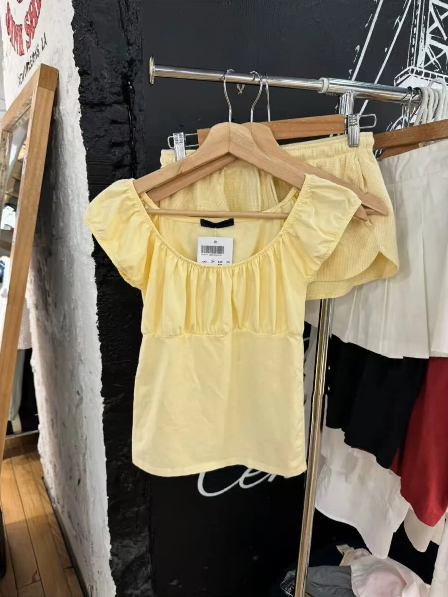 Yellow Square Neck T-shirt+Wafflw Short Pants Women Cotton Slim Tee Elastic Waist Straight Short Pant Sweet Cute Y2K Sets Suit