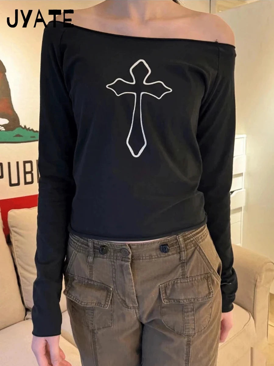 Cross Print Slash Neck Sexy T-shirts Women New Cotton Fashion Simple White Long Sleeve Tees Vintage Chic Sweet Tops Clothes Y2K