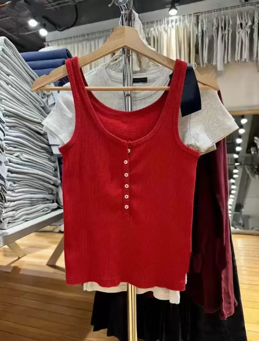 Solid Ribbed Slim Tank Tops Women Streetwear Simple Basic Cotton Buttons Sleeveless Top Female Casual Sweet All-match Y2k Vest