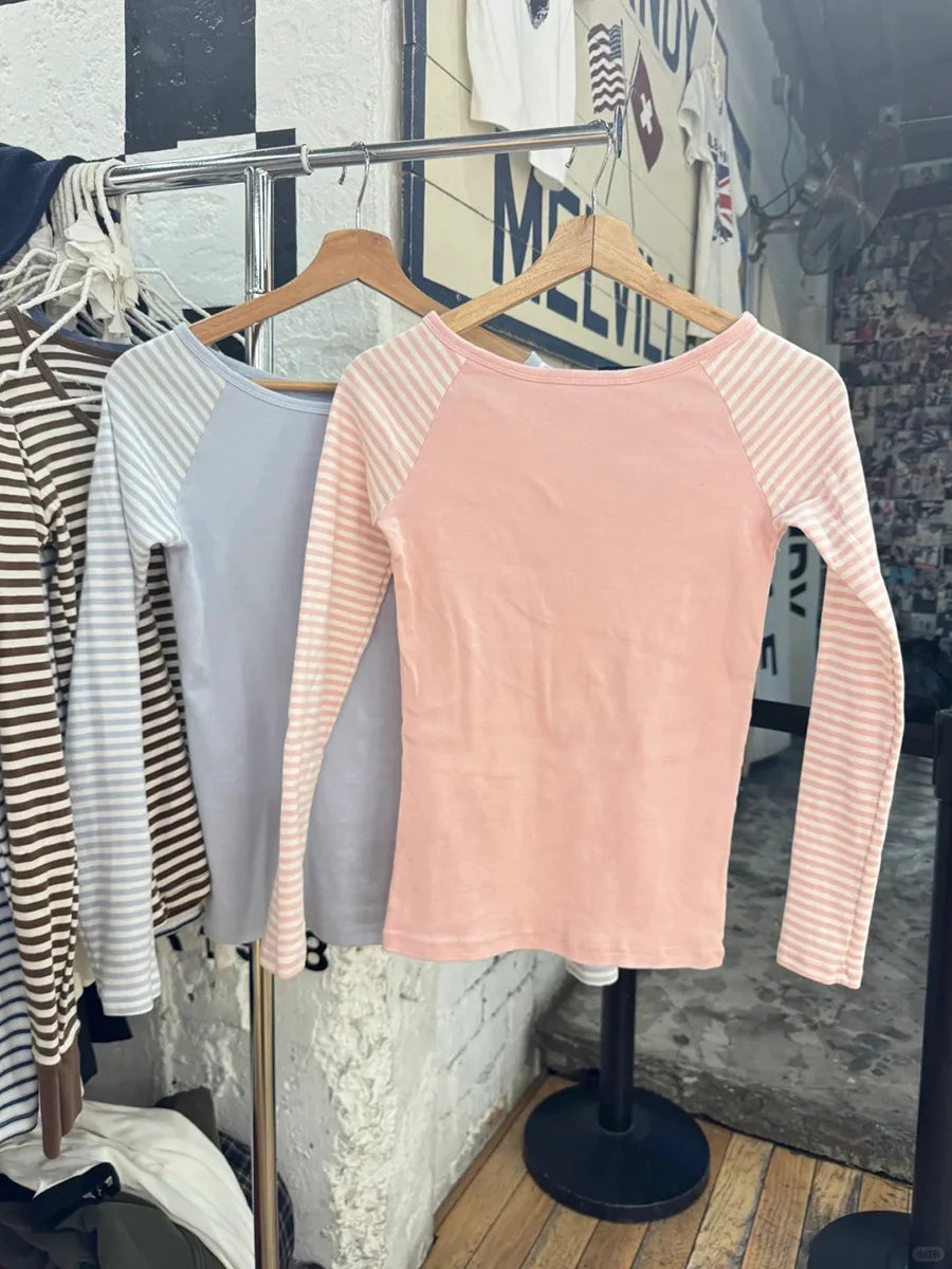 Blue Patchwork Long Sleeve T-shirt Women Spring Slash Neck Cotton Slim Tee Shirts Female Sweet Streetwear Vintage Tshirt Tops