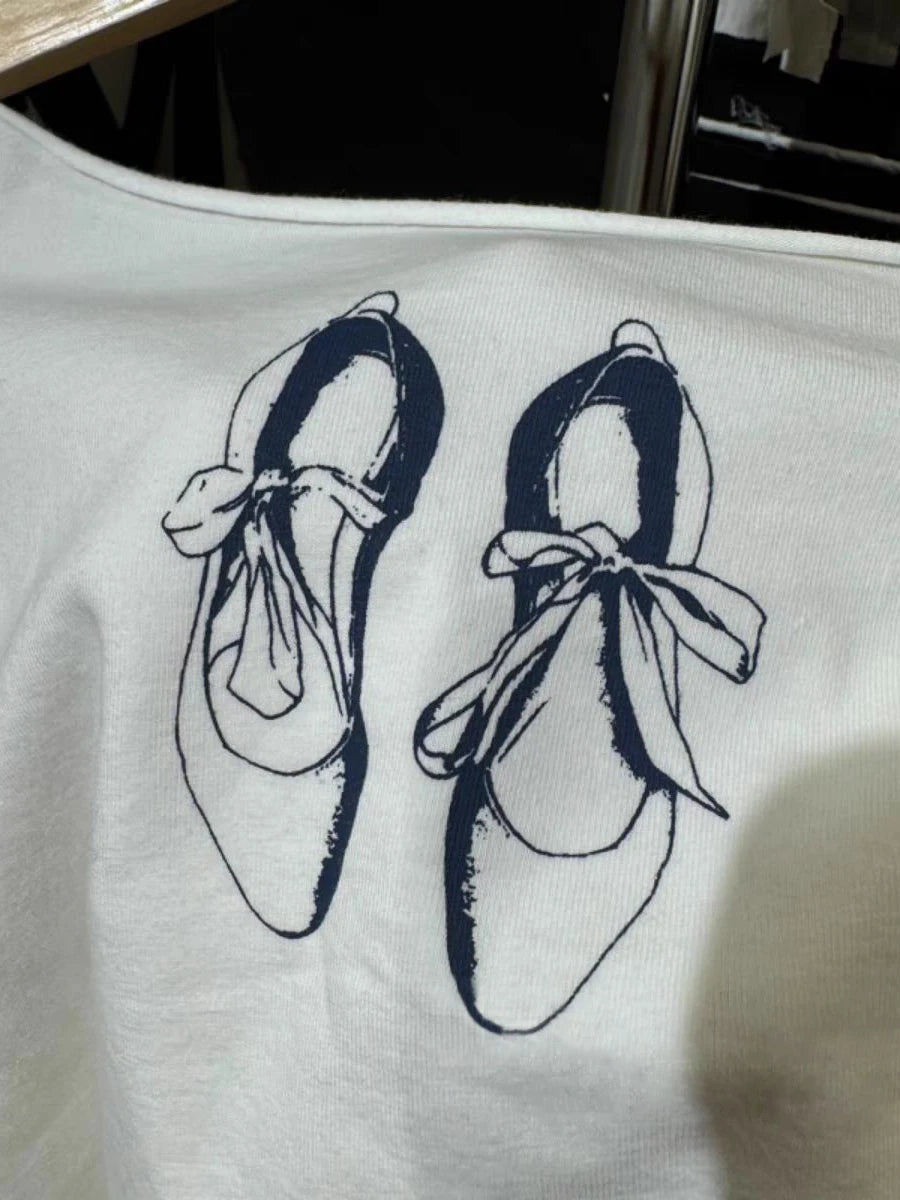 Cute Ballet Shoes Print Long Sleeve T-shirt Women Autumn Cotton Raw Hem Scoop Neck Slim Tee Top Sweet Preppy Style Crop Tops Y2K