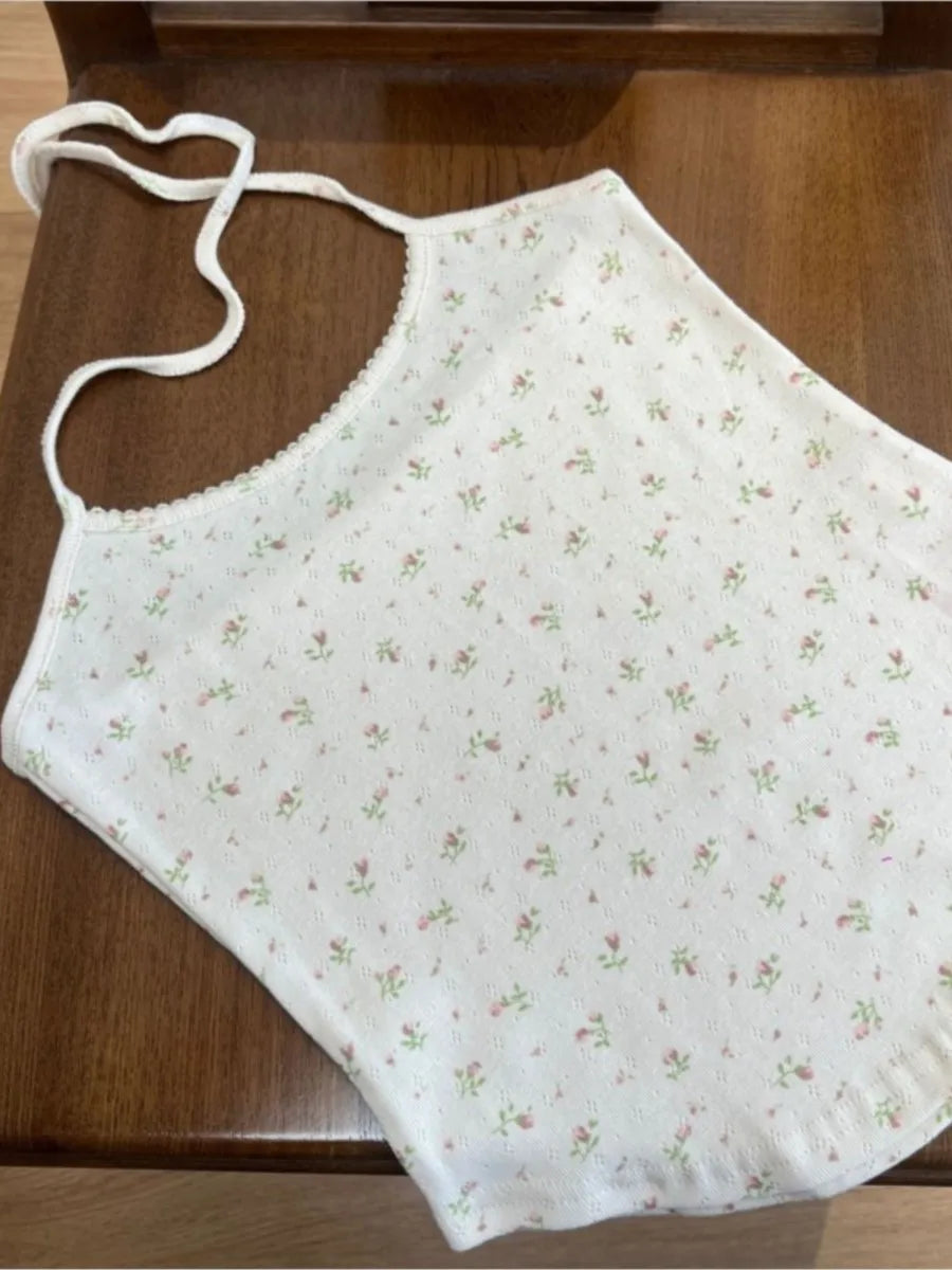 Floral Eyelet V-neck Halter Tank Tops Women Summer New Casual Sexy V-neck Slim Camisole Female Sweet Preppy Style Cute Crop Top