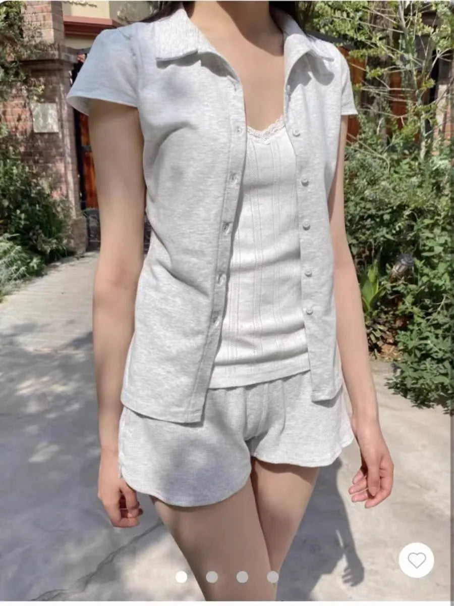 White Buttons Short Sleeve Tees Women Summer Cotton Soft Turn Down Collar Preppy Style Tops Blouse Sweet Chic All-match T-shirts
