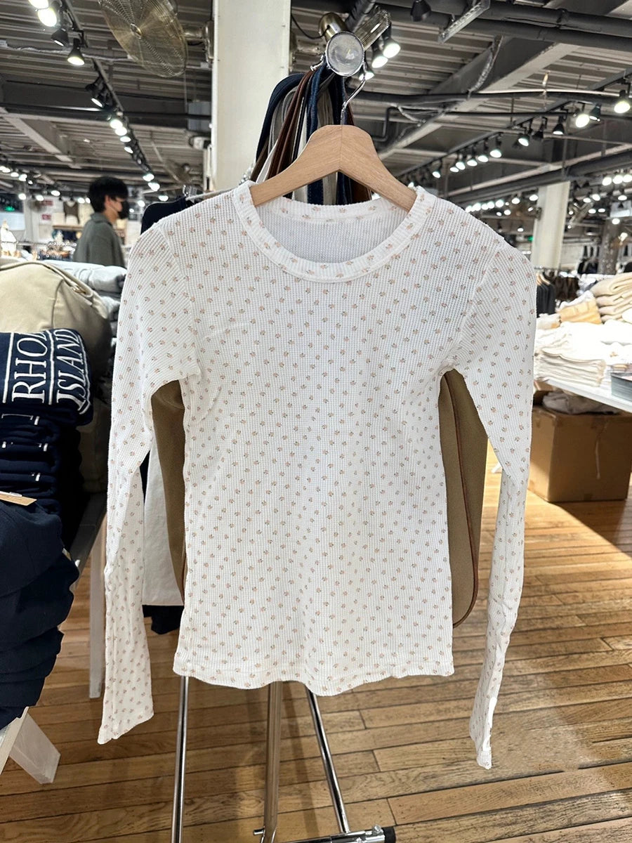Sweet Orange Floral Print Waffle Long Sleeve Tees Women Autumn Cotton Caasual Streetwear O-neck Slim Tops Cute Chic Y2K T-shirts