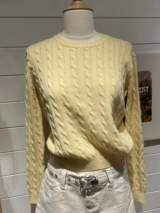 Sweet Twisted Knit O-neck Sweater Women Autumn Yellow Cotton Warm Streetwear Slim Aesthetic Pullover Top Cute Vintage Jumper Y2K
