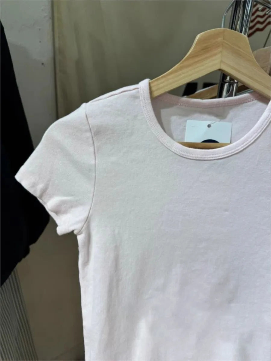 Light Pink Slim T-shirt Women Summer New Round Neck Short Sleeve Cotton Tee Tops Casual Sweet Cute Simple Basic Tshirt Top Y2K