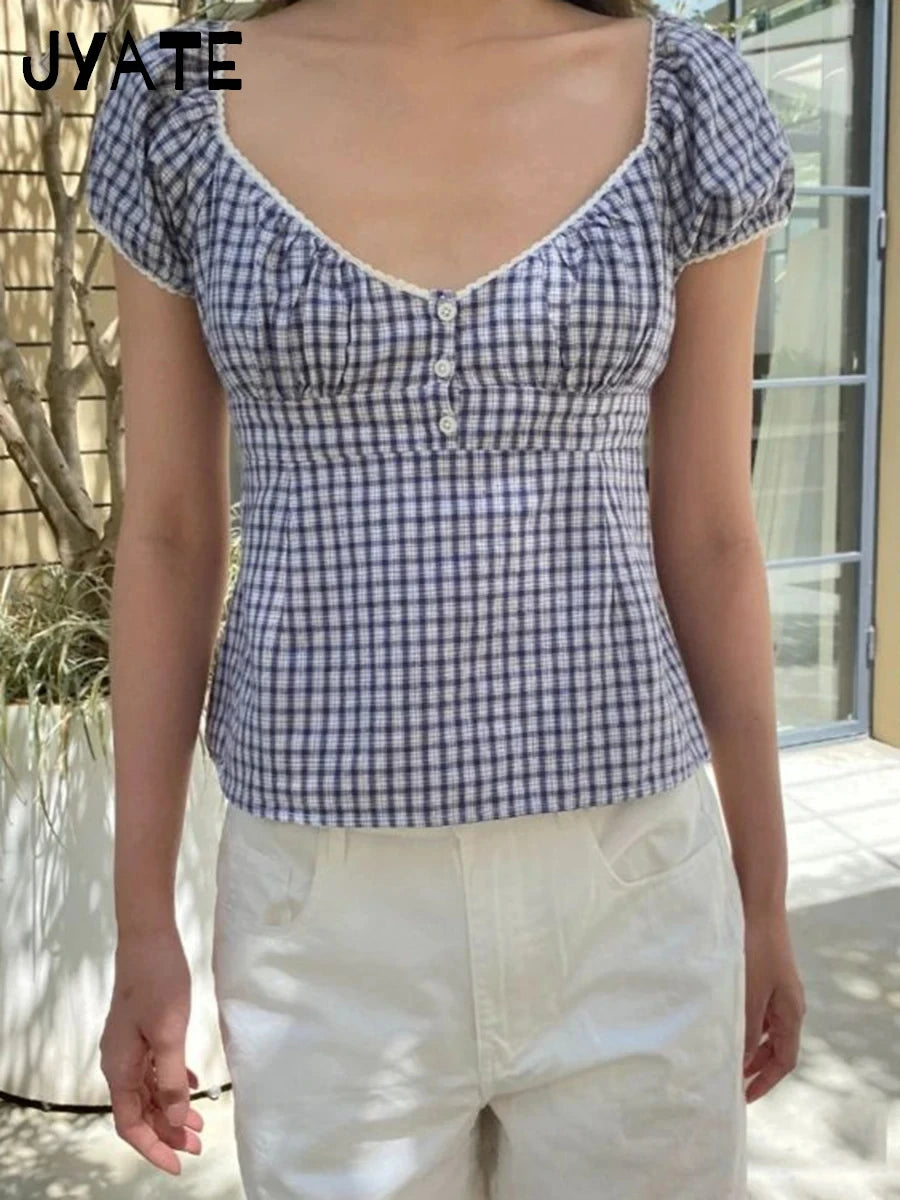 New Red Plaid Slim Tank Top Woman Lace Trim Buttons V-neck Back Lace-up Cotton Camis Summer Vintage Streetwear Sweet Crop Tops