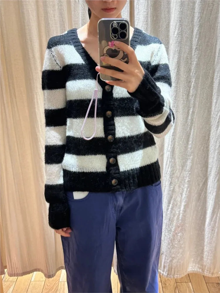 Striped Mohair Long Sleeve T-Shirt Cardigan Women Autumn V-Neck Cotton Thin Smock Button Top Vintage Sweet Cute Tee Shirt Tops