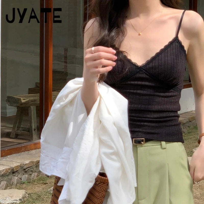 Sweet Solid Lace Trim V-neck Tank Tops Women New Summer Cotton Chic Slim Cropped Sleeveless Vests Vintage Basic Cute Camis Y2K