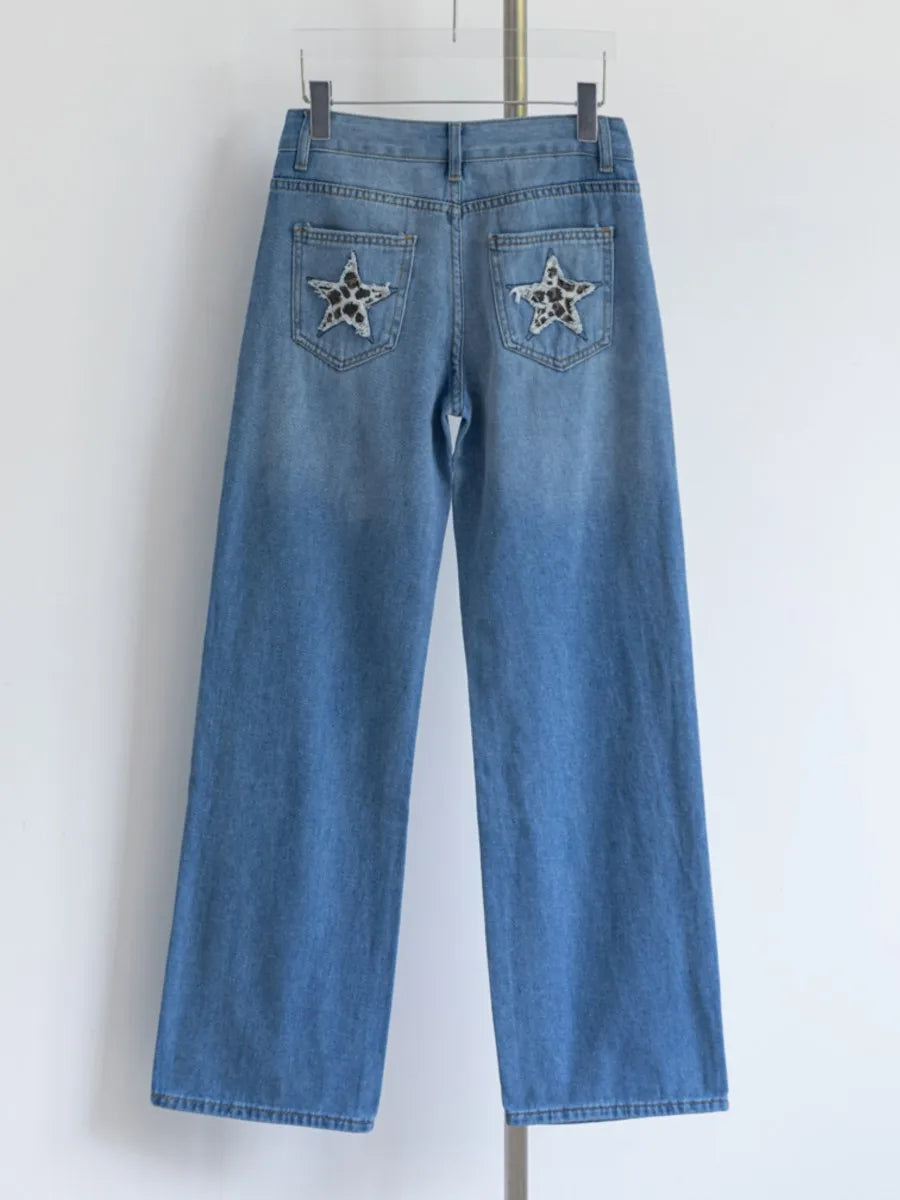 Retro Star Patchwork Jeans Women Summer New High Waist Pockets Straight Denim Pants American Vintage Loose Baggy Trousers Y2K