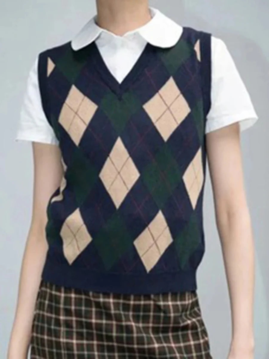 Argyle V-neck Knitted Vests Women Autumn Cotton Soft Casual Sleeveless Pullover Tank Tops Vintage Streetwear Chic Slim Sweaters