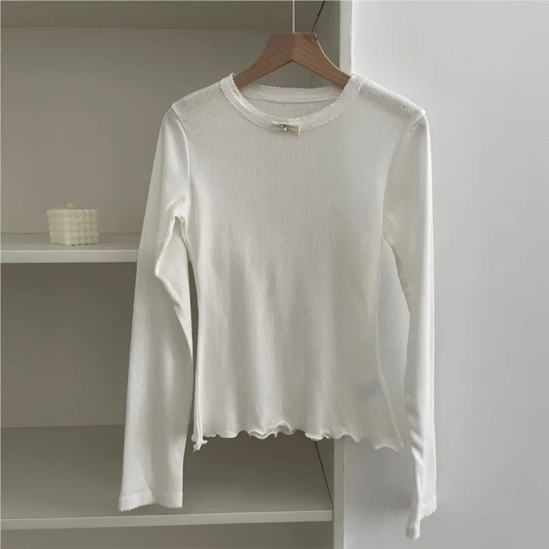 Sweet Lace Trim Long Sleeve Tee Women Summer New Streetwear Casual O-neck Bow Tshirt Tops Vintage Cute Preppy Style T-shirts Y2K