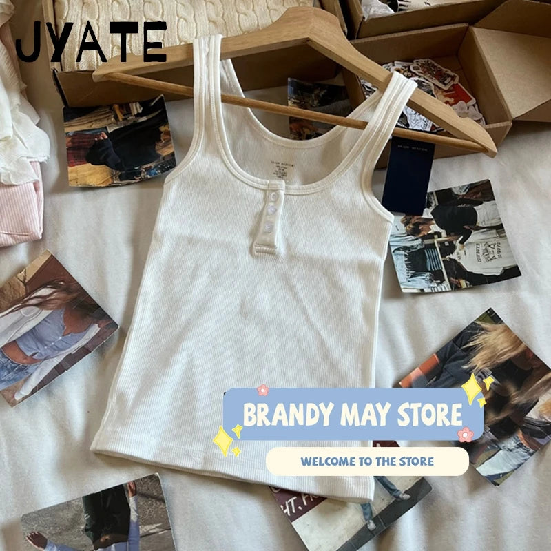 Simple Pink Ribbed Cotton Tank Tops Women Summer New Casual Buttons U-neck Sleeveless Vests Sweet Basic Preppy Style Camis Y2K