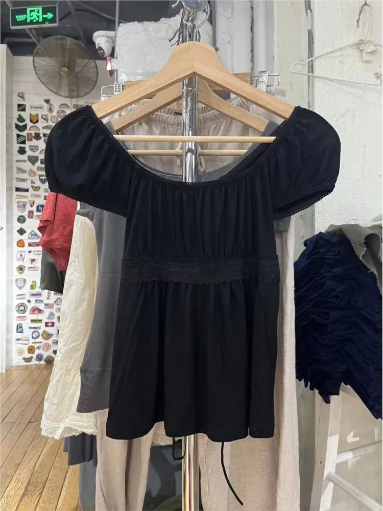 Black Lace Trim Babydoll Top Women Summer New Y2K Casual Slim Lace-up Square Collar Tee Tops Sweet Vintage Preppy Style T-shirts