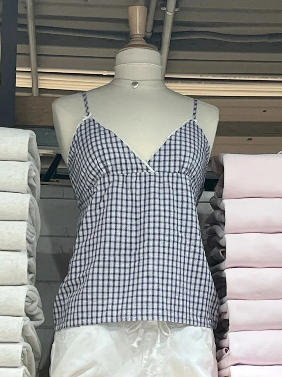 Red Plaid Buttons V-neck Camis Women Summer Casual Lace Trim Slim Simple Sleeveless Vests Vintage Sweet Preppy Style Tank Tops