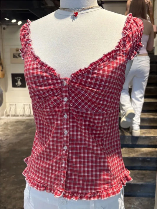 Red Plaid Slim T-shirt Blouse Women Summer Ruffles Single Breasted V-neck Short Puff Sleeve Shirt Female Vintage Sweet Tops New