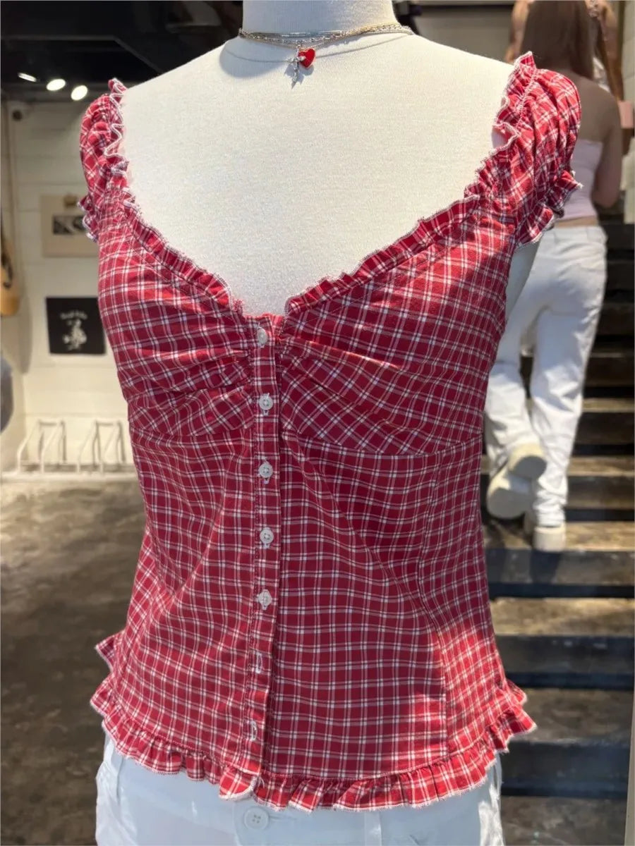 Red Plaid Slim T-shirt Blouse Women Simple Ruffles Single Breasted V-neck Short Puff Sleeve Shirt Female Vintage Sweet Tops New