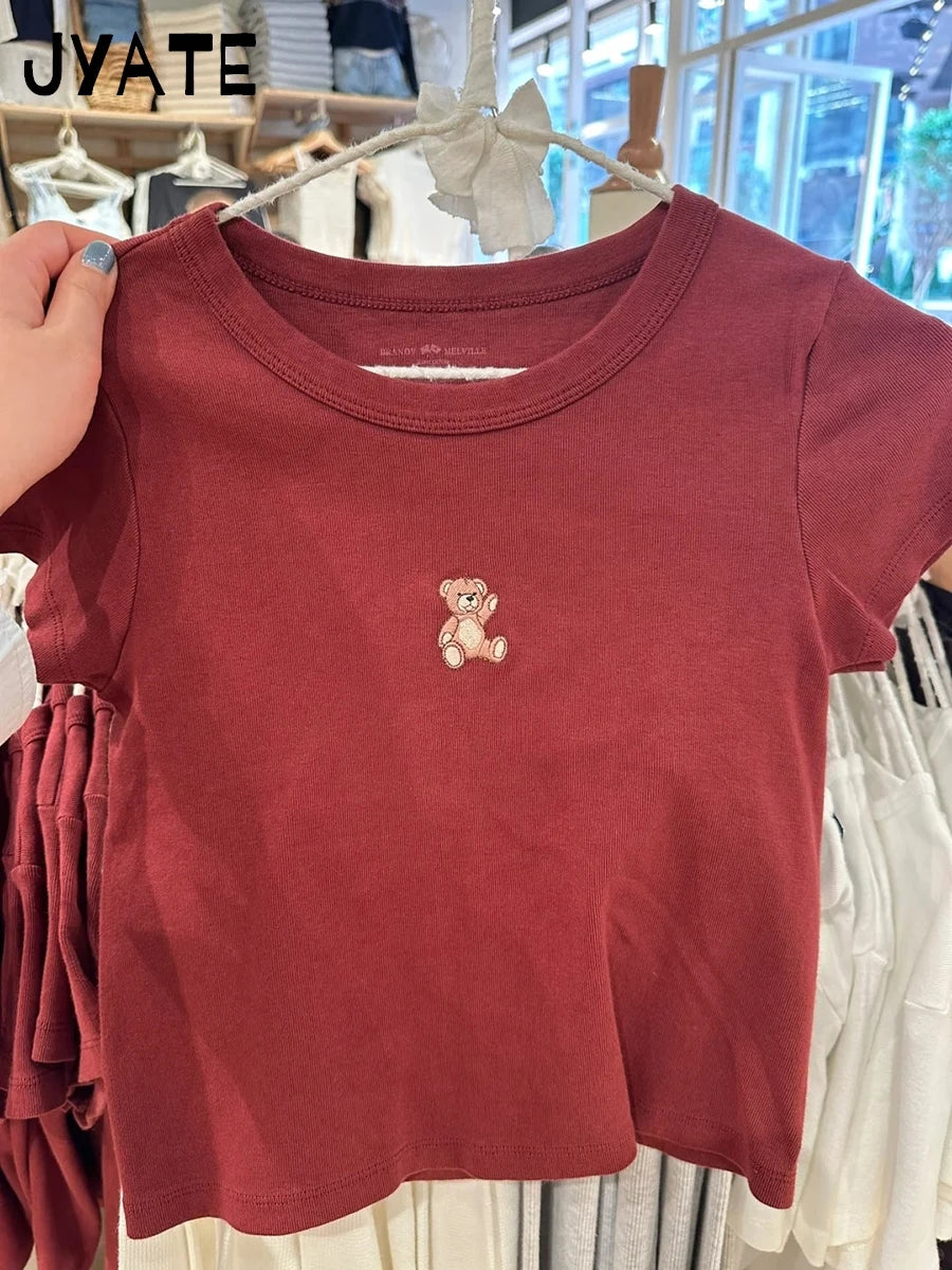 Fashion Heart Bear Embroidery Crop Tops Women 2024 New Cotton Casual Streetwear Short Sleeve Tee Vintage Sweet Cute T-shirts Y2K