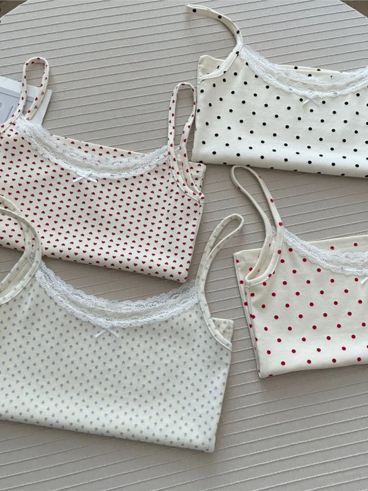 Cute Print Lace Trim Bow Tank Tops Women Cotton Casual Slim Sleeveless Crop Top Female Sweet Preppy Style Camisole Y2K Clothes