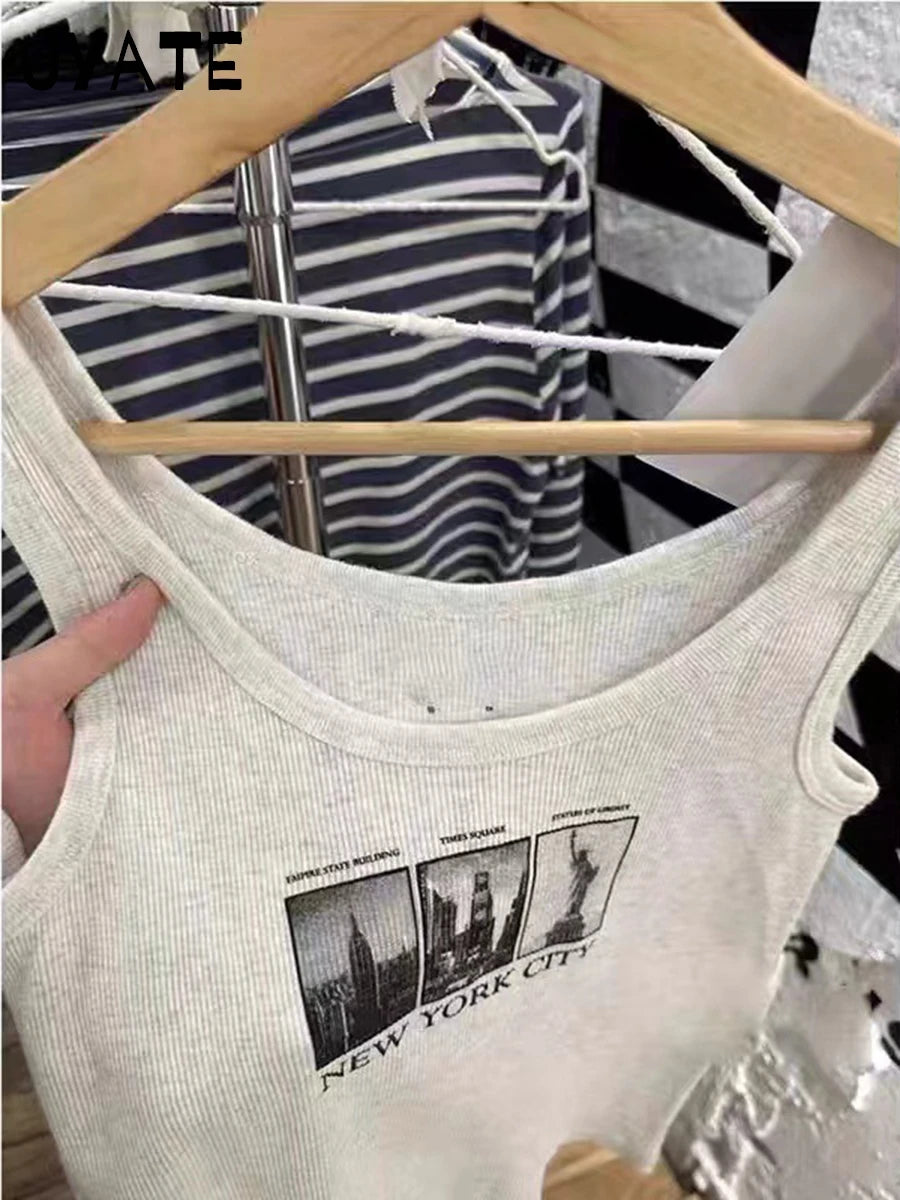 Fashion Letter Print Cotton Ribbed Tank Tops Women Summer New Casual Simple Slim Sleeveless Vest Vintage Chic Sweet Crop Top Y2K