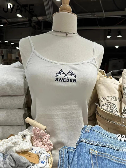 Simple Flag Letter Print Slim Tank Tops Women New Cotton Soft Casual Streetwear Lace Trim Crop Top Vintage Sweet Chic Camis Y2K