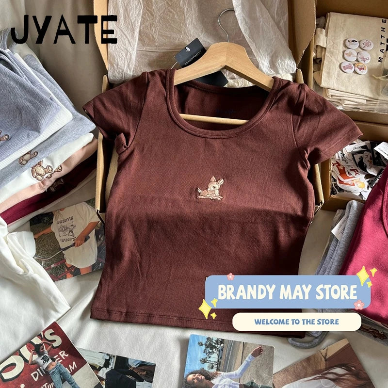 Little Deer Embroidery Crop Tops Women New Cotton Soft Casual Simple Cute Slim Short Sleeve Tees Preppy Style Sweet T-shirts Y2K