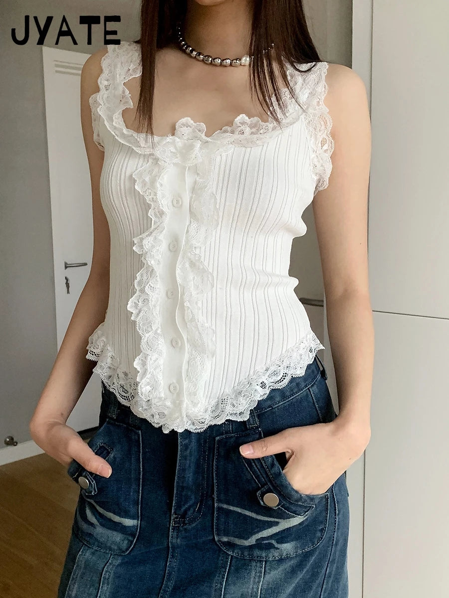 New Lace Trim Square Neck Tank Tops Women Summer Buttons Slim V Hem Cute Sleeveless Cropped Vests Sweet Solid Vintage Camis Y2K
