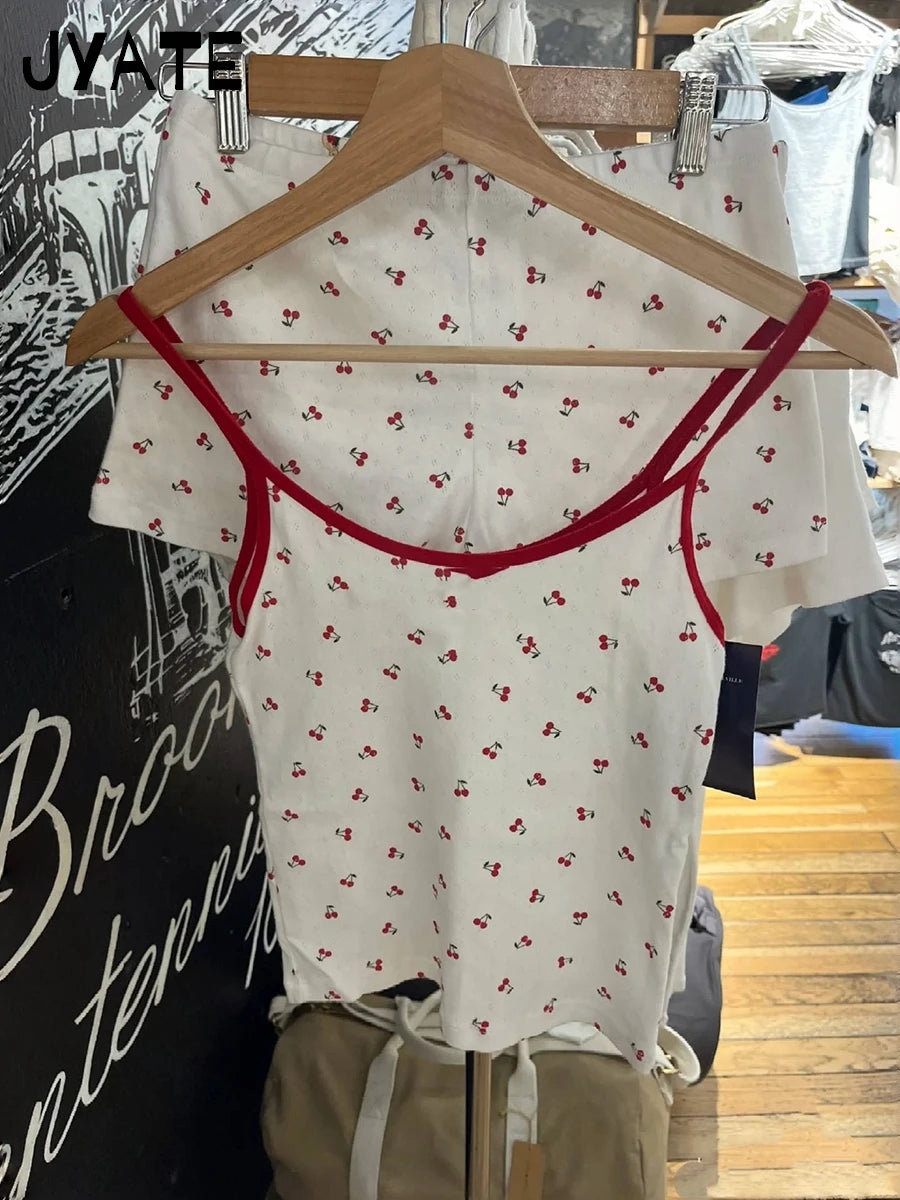 Cherry Print Patchwork Eyelet Camisole Women New Cotton Soft Casual Slim Sleeveless Cropped Vests Vintage Sweet Cute Tank Tops