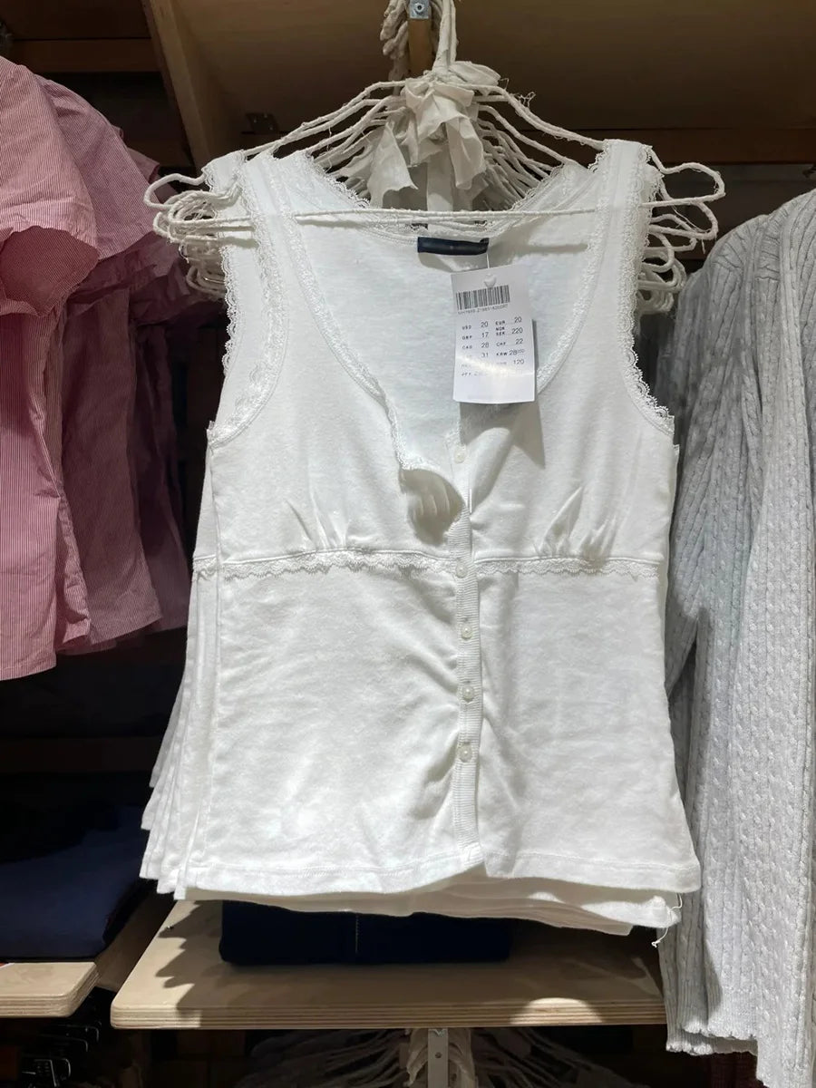 New White Lace Trim Slim Tank Tops Women Casual Cotton U-neck Buttons Sleeveless Cardigan Vests Sweet Preppy Style Cute Camisole