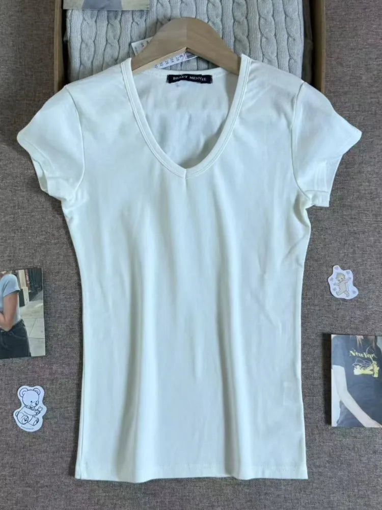 Solid V-neck Short Sleeve Tees Women Casual Streetwear Slim Cotton Tops Clothes Simple Basic Preppy Style T-shirts Y2K
