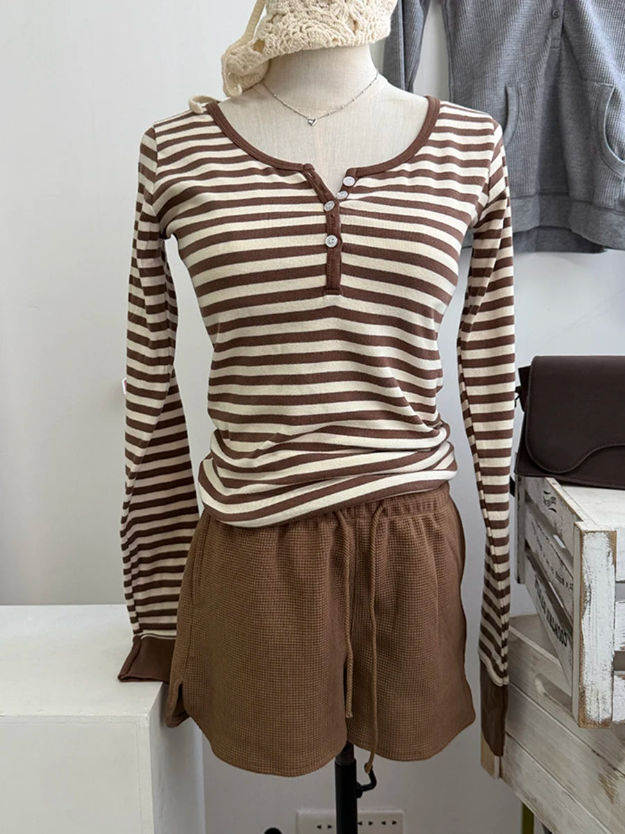 Brown Chic 2 Piece Sets Women Cute Cotton Slim Striped Long Sleeve Tee+Waffle Shorts Pant Female Sweet Cute Two Piece Sets Y2K