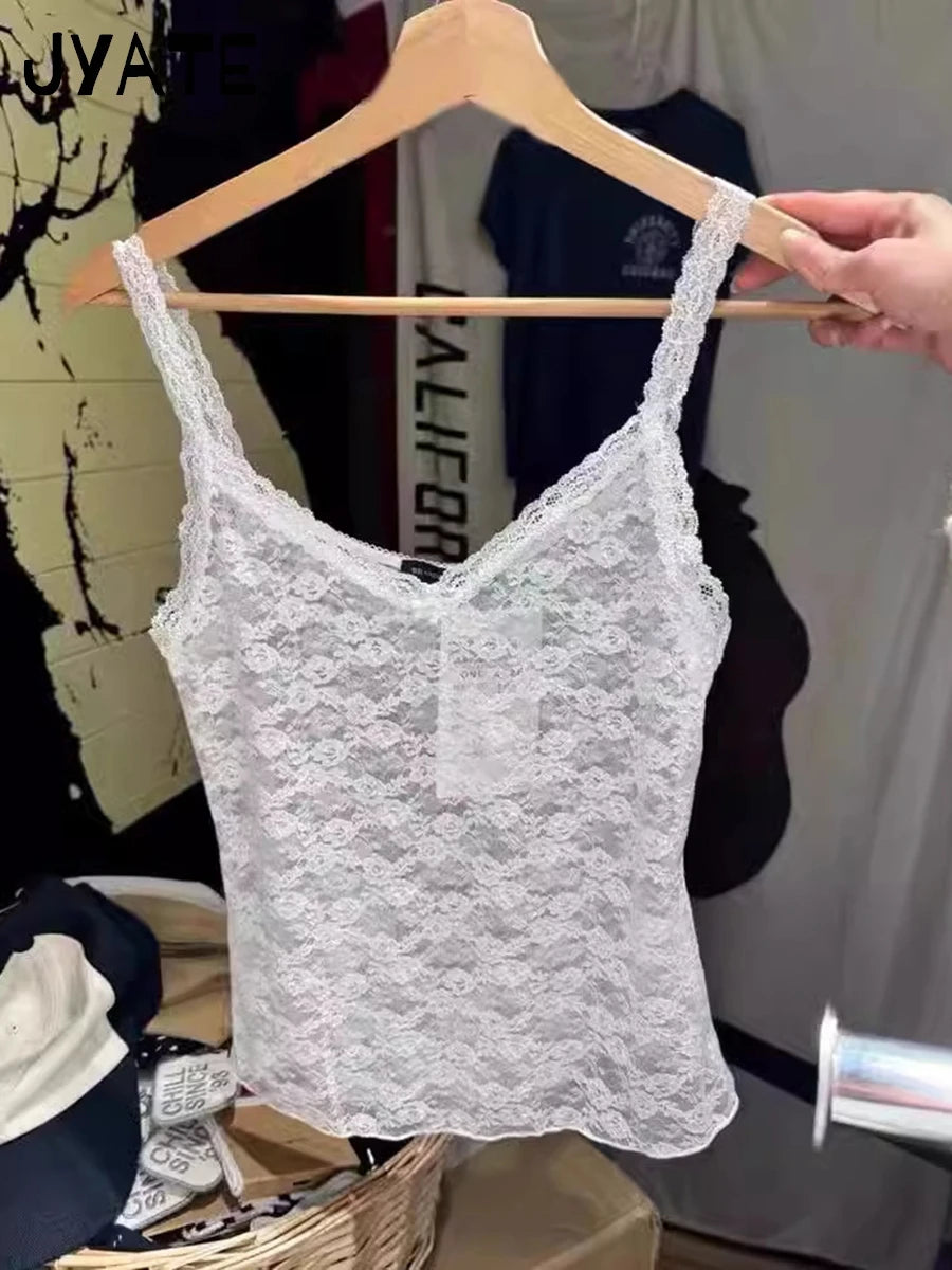 Solid Sexy Lace Sheer Bow Crop Camisole Women New Streetwear Slim Smock Preppy Style Sleeveless Vest Vintage Sweet Tank Tops Y2K