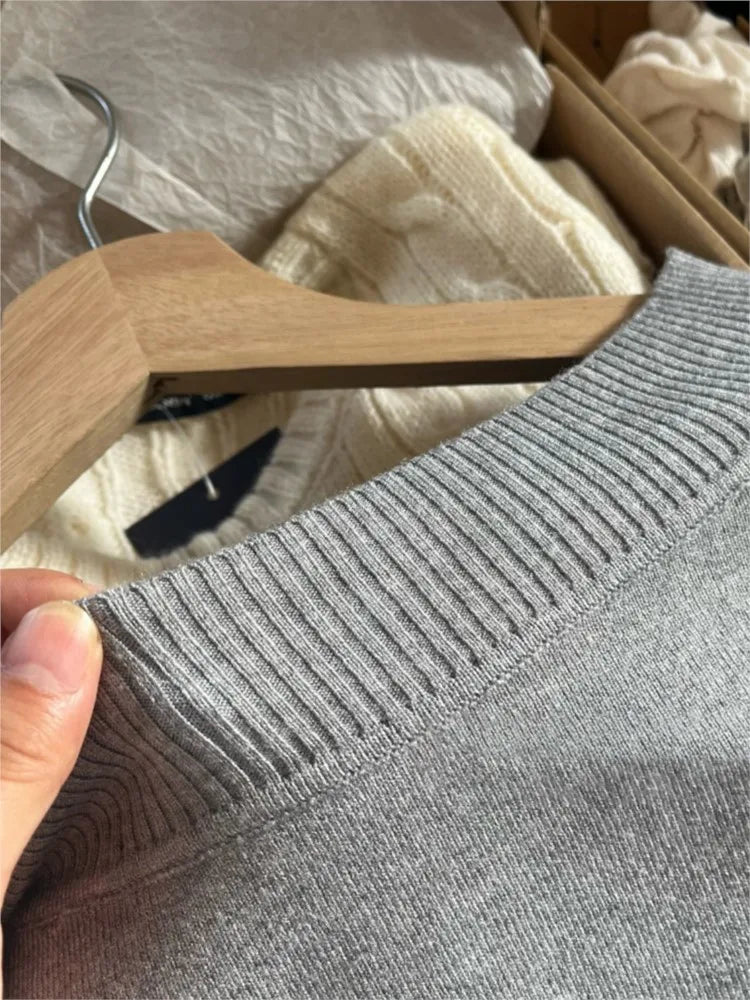 Gray Irregular Knit Long Sleeve T-shirt Women Autumn Fashion Slash Neck Sexy Cotton Slim Tee Sweet Preppy Style Knitwear Y2K Top