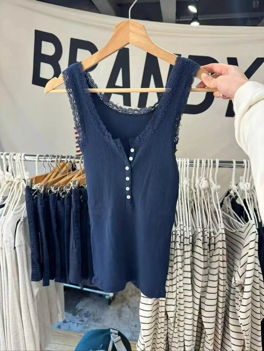 Basic Lace Trim Slim Ribbed Tank Top Women Spring Buttons Cotton Solid U Collar Sleeveless Camis Sweet Simple Chic Vest Tops Y2K
