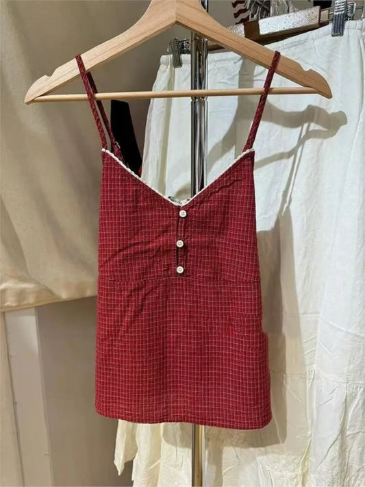 Vintage Red Plaid Buttons V-neck Camis Women Summer Casual Lace Trim Slim Simple Sleeveless Vests Sweet Preppy Style Tank Tops