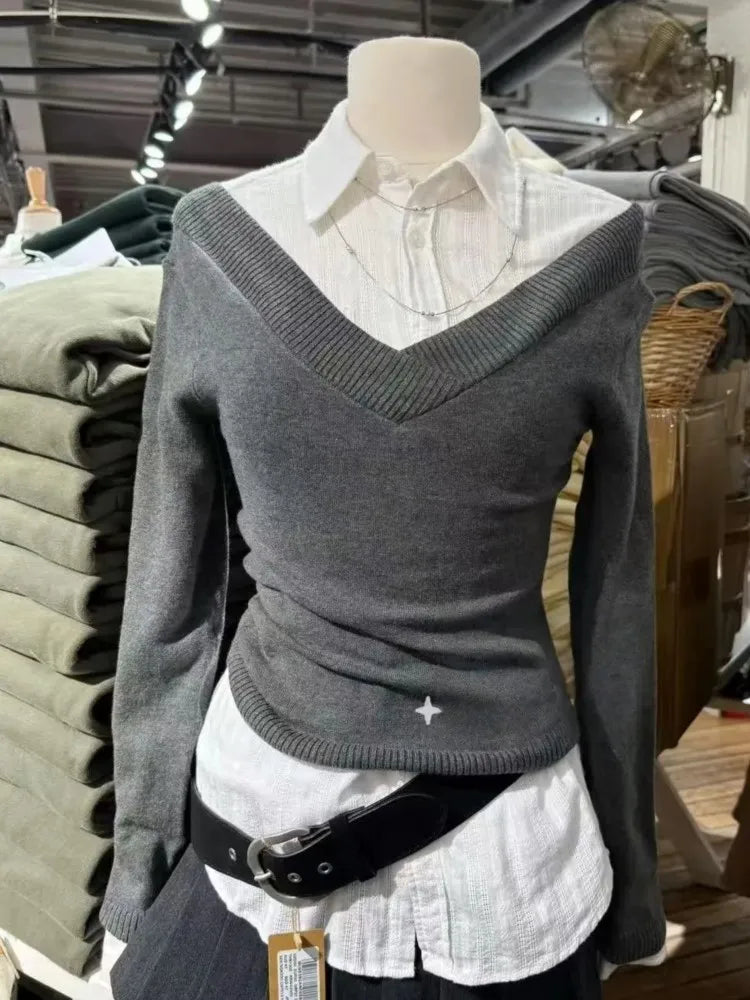 Gray Slim Knitted Long Sleeve Tees Women Autumn Cotton Simple Sexy V-neck Crop T-shirts Vintage Sweet All-match Tops Pullover
