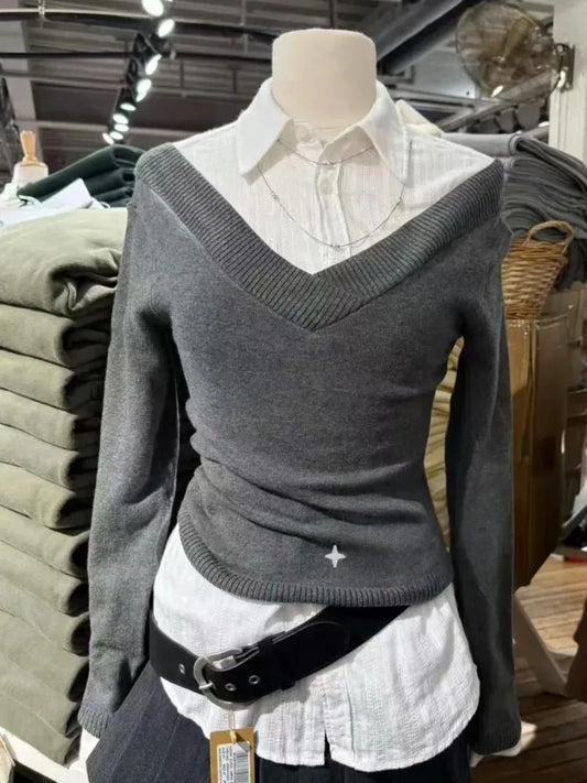Gray Slim Knitted Long Sleeve Tees Women Autumn Cotton Simple Sexy V-neck Crop T-shirts Vintage Sweet All-match Tops Pullover