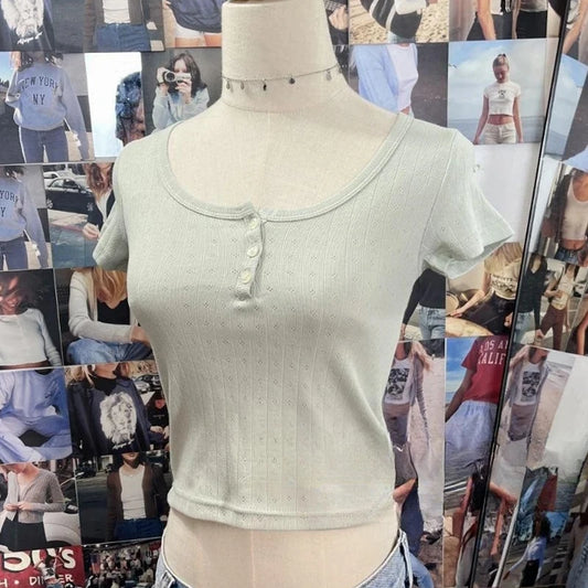 Sweet Floral Hollow Out Button T-shirts for Women Summer O-neck Cotton Slim Casual Short Sleeve Tees Cute Vintage Chic Crop Tops