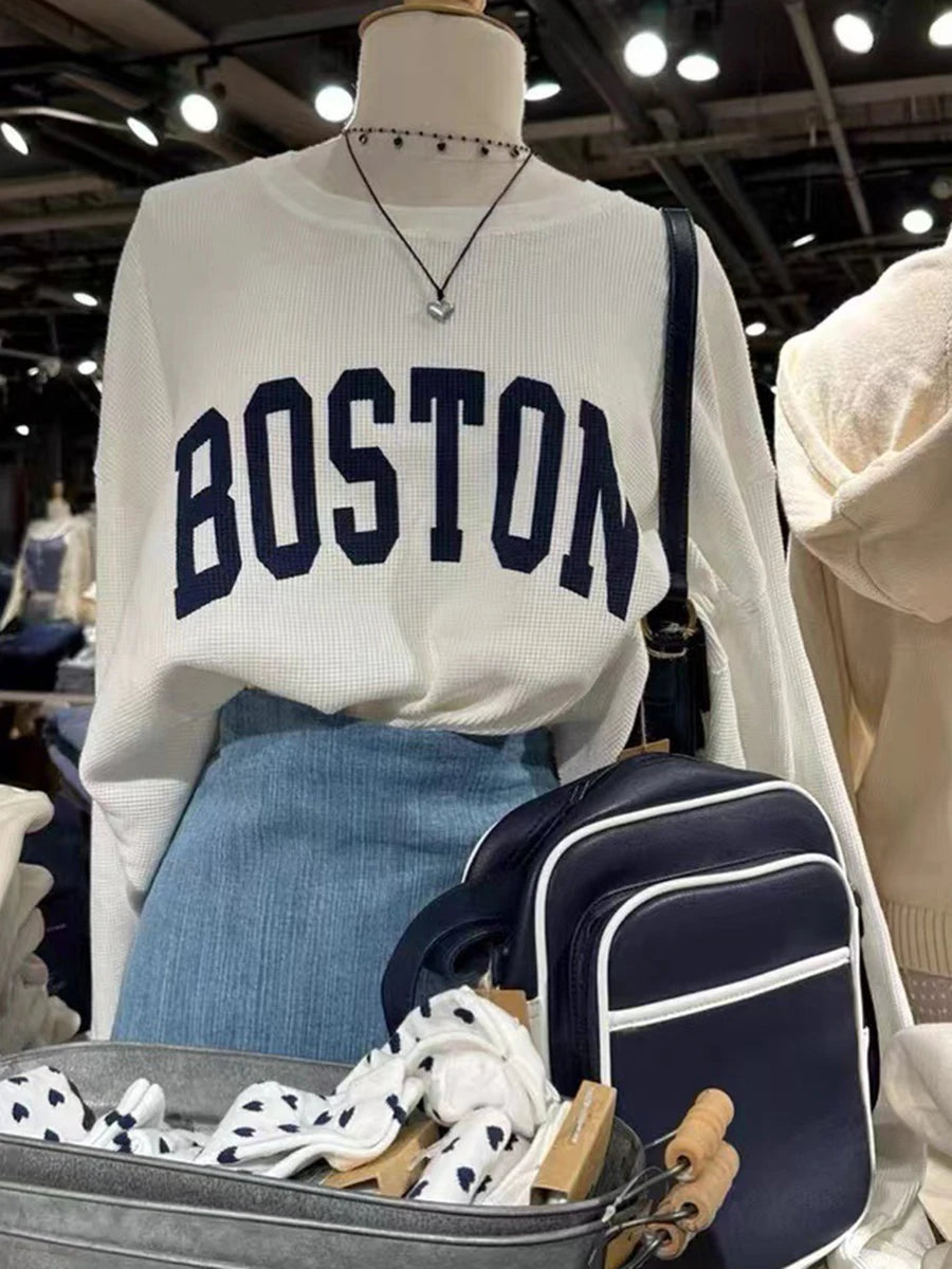 Waffle Letter Print Loose Long Sleeve Tees Women New Cotton White Raw Hem O-neck Tops Female Fashion Vintage Chic Y2K T-shirts