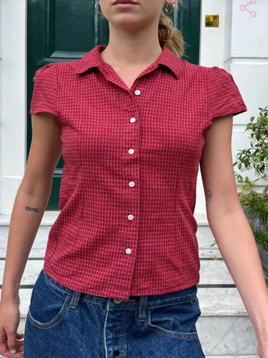 Red Plaid Button Blouse Women Casual Streetwear Cotton Lapel Short Sleeve Tees Vintage Preppy Style Sweet T-shirts Y2K Tops