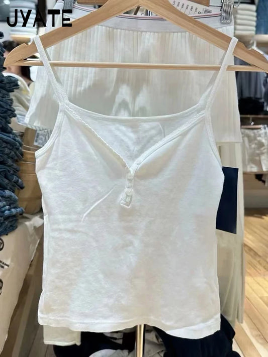 Simple Lace Trim V-neck White Camisole Women New Cotton Casual Slim Sexy Buttons Sleeveless Vests Sweet Cute Vintage Tank Tops
