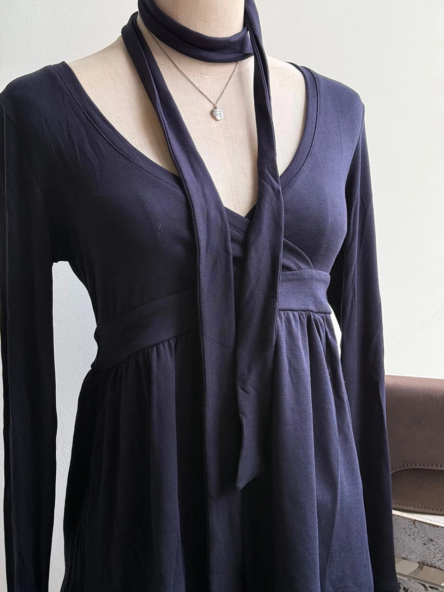 Navy V-neck Sexy Long Sleeve Tees Women Autumn New Streetwear Casual Lace-up Slim T-shirts Vintage Chic Sweet Babydoll Tops Y2K