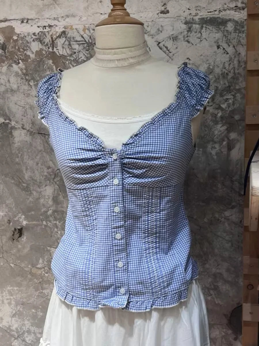 Retro Plaid Slim T-shirts Blouse Women Ruffles Single Breasted V-neck Short Puff Sleeve Shirt Vintage Preppy Style Sweet Tops