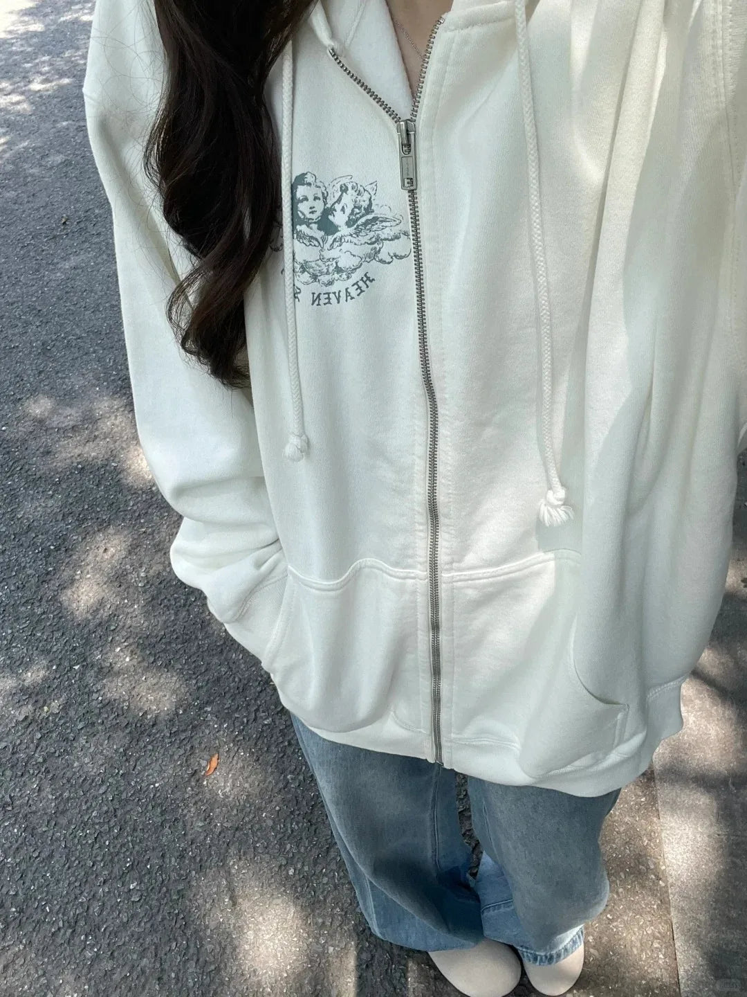Pocket Zip-up Sweatshirts Tops Women White Cotton Casual Drawstring Pullover Coat Vintage Preppy Style Oversized Hoodie Y2K