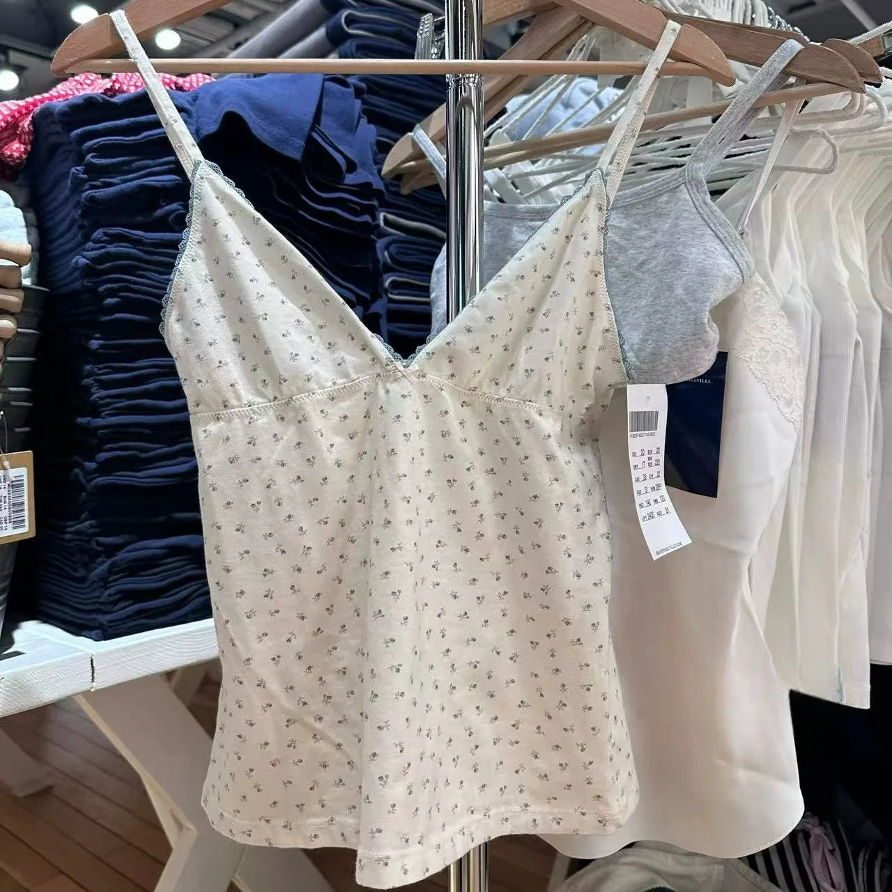Blue Floral Print Fungus Trim Tank Tops Women Casual Cotton Slim V-neck Sleeveless Bow Camisole Sweet Cute Preppy Style Crop Top