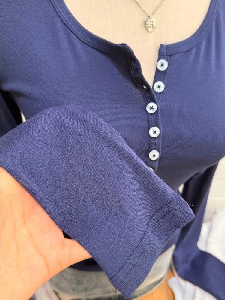 Navy Cotton Slim T-shirts Women Autumn New Cute Casual Six Button All-match Long Sleeve Tees Vintage Basic Simple Tshirt Y2K Top