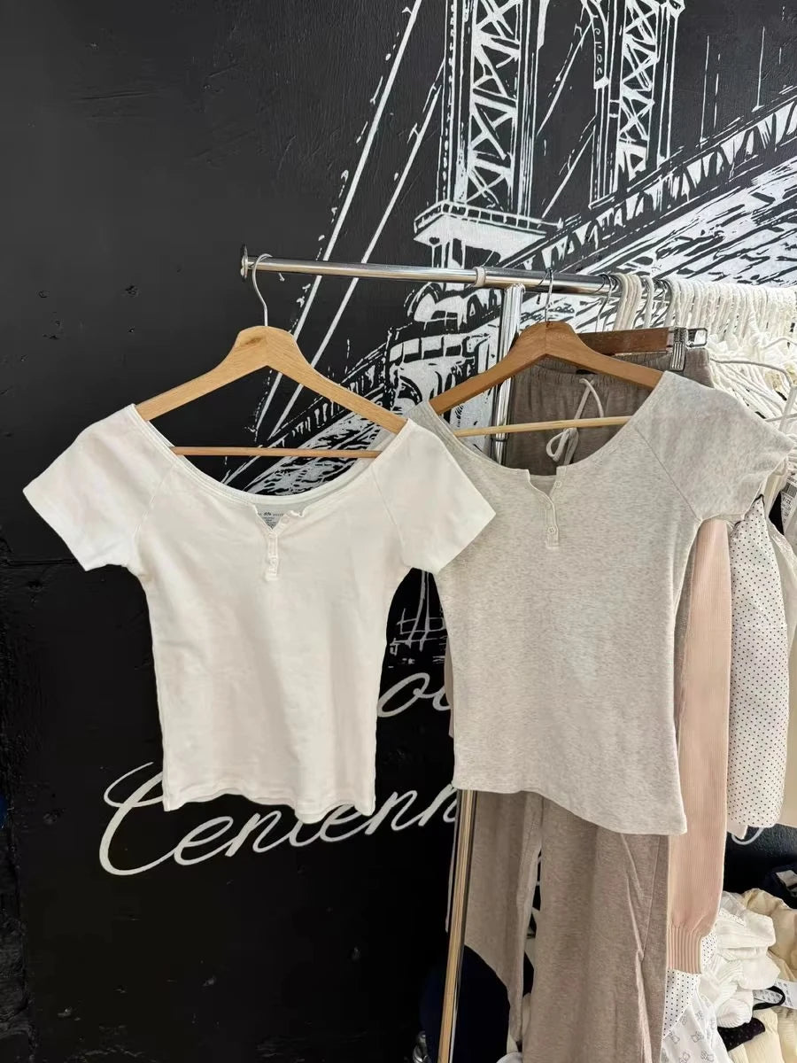 Buttons T-shirt Woman Cotton Simple Basic Scoop Neck Short Raglan Sleeve Slim Tee Shirt Cute Casual All-match Crop Top Y2k