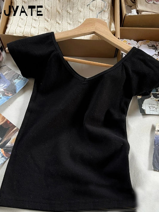 Simple Basic V-neck Ribbed Short Sleeve Tees Women Summer New Slim Sexy Cotton Casual Tops Vintage Preppy Chic T-shirts Y2K 2024