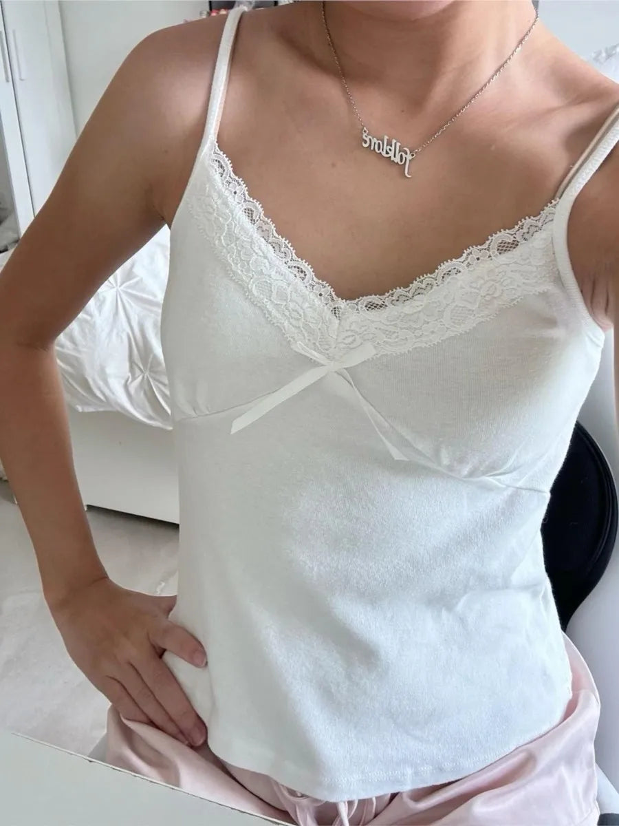Vintage Lace Trim V-neck Bow Tank Tops Women New Cotton Soft Basic Casual Slim Sleeveless Crop Top Sweet Chic Sexy Camisole Y2K